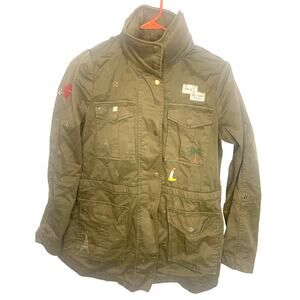 Joie Army Jacket XS Olive Green Hood Embroidered Zip Snap Close Military Womens